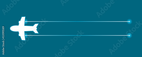 White airplane travel flying line path way with dot glowing light on blue background flat vector design.