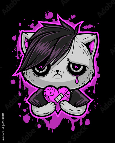 Sad emo kitten with broken heart on the bright pink liquid elements. Vector illustration, can be used as T-shirt print. Black, pink and grey series.