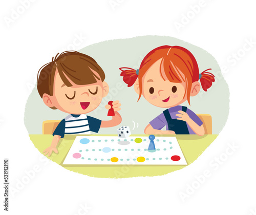 Children play table games. Kids having fun while playing board game. Spending time playing tabletop games. Vector illustration.