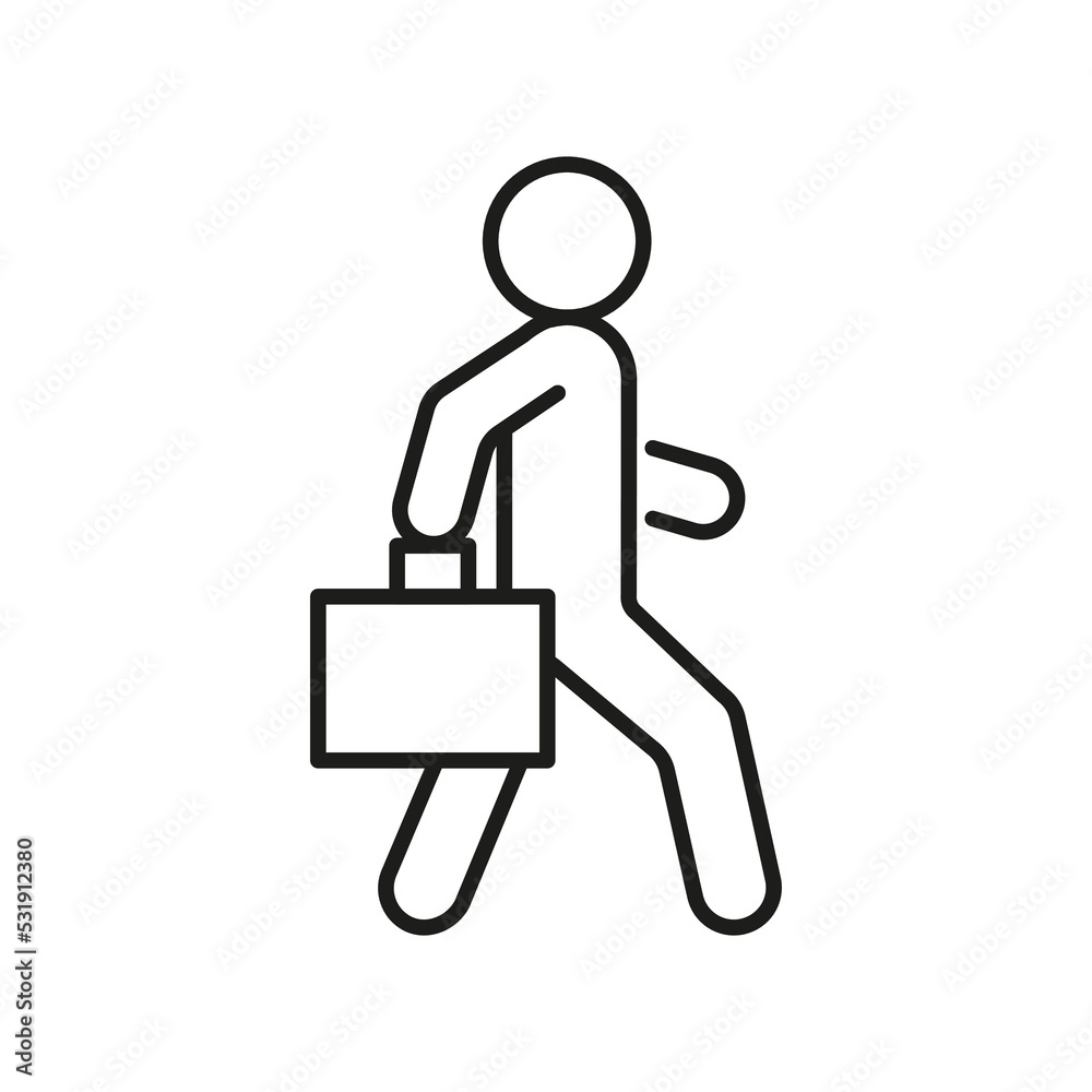 Person goes to work with suitcase, line icon. Man walk, vacation, journey with bag. Vector outline sign Person goes to work with suitcase, line icon. Man walk, vacation, journey with bag. Vector outline sign