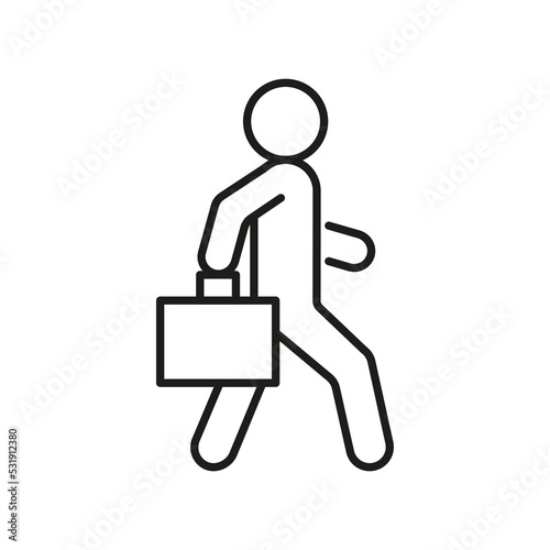 Person goes to work with suitcase, line icon. Man walk, vacation, journey with bag. Vector outline sign