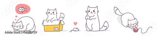 Vector set of illustration of happy cute cat character in different pose with acessory on white color background. Flat line art style design of animal cat