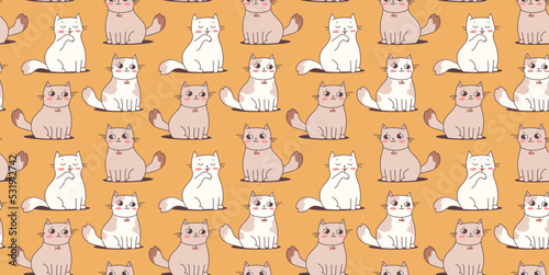Fototapeta Naklejka Na Ścianę i Meble -  Vector seamless pattern with happy cute different cat character on color background. Flat line art style design of seamless pattern with animal cat