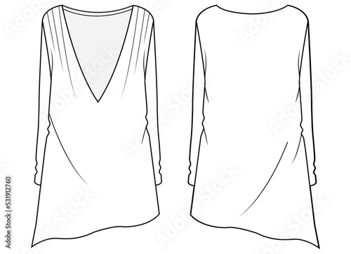 womens long sleeve deep v neck asymmetric dress front and back view flat sketch vector illustration cad mockup.