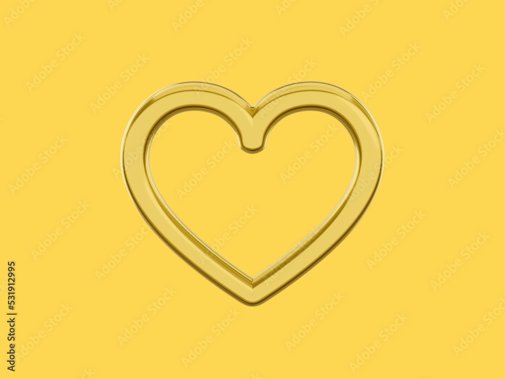 Toy metal heart. Golden single color. Symbol of love. On a yellow flat background. Front view. 3d rendering.