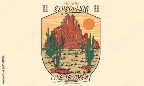 Arizona desert explore vibes graphic print design for t shirt, poster, sticker and others.  Wild cactus illustration artwork for men , women, boy and girl.
