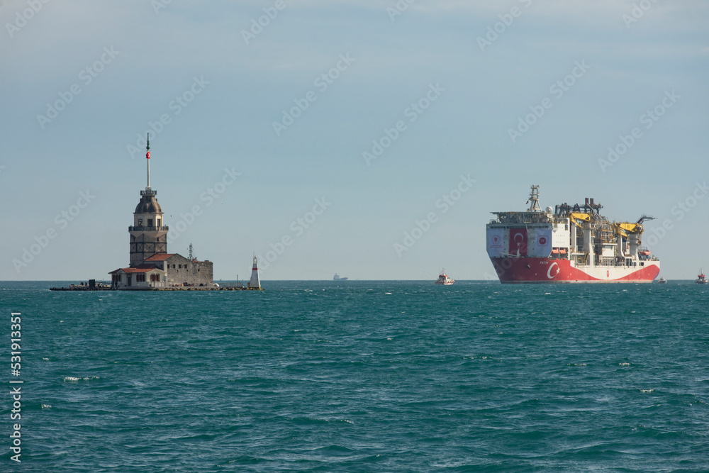 Oil Drilling Ship and Maidens Tower, Uskudar Istanbul, Turkey