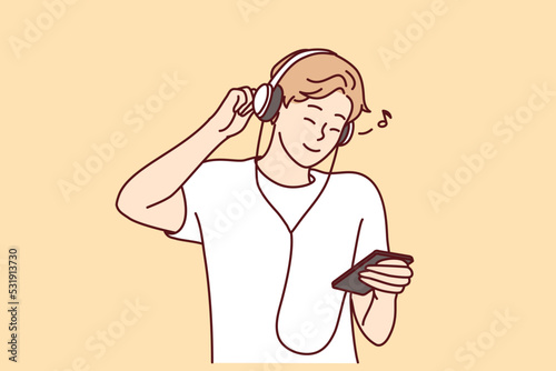 Smiling young man in headphones listen to music on cellphone. Happy millennial guy in earphones enjoy good quality sound on smartphone. Vector illustration.