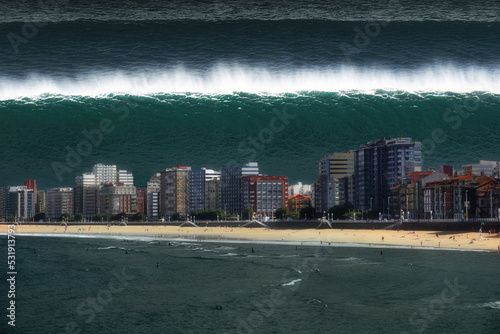 tsunami breaking on city coast with big waves