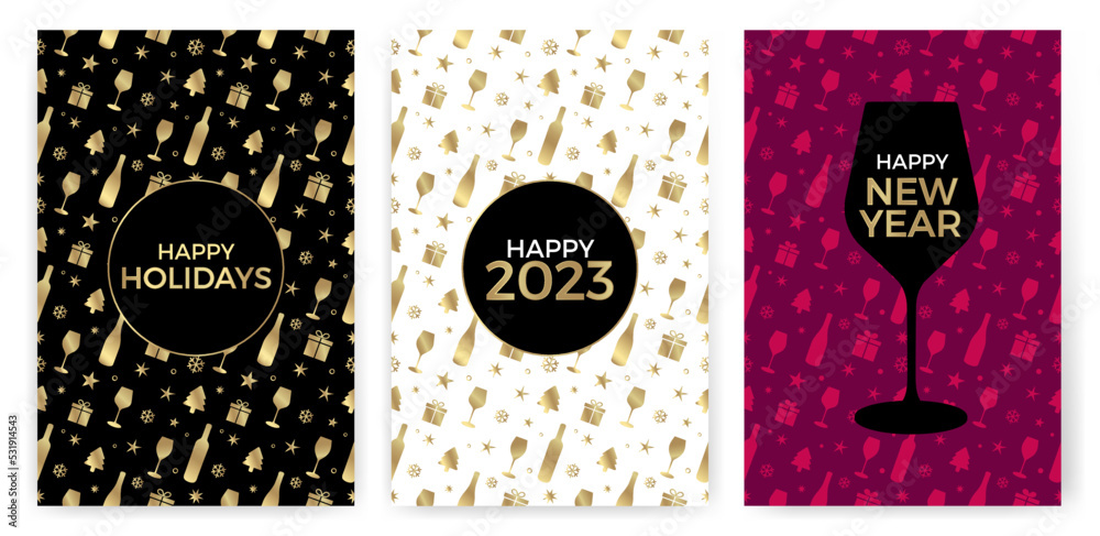 Design with seamless pattern background of wine and christmas icons. New year greeting cards.