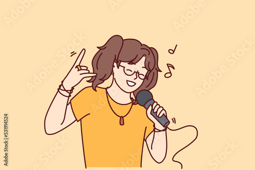 Happy girl have fun singing in microphone in karaoke. Smiling child enjoy leisure time sing song in mic in club. Entertainment and hobby. Vector illustration. 