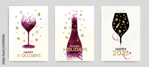 New year and holidays greeting card, Illustration of wine glass and bottle with icons of gift, stars, Christmas tree, snowflakes, wine glass and bottle.