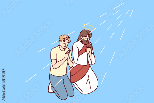 Religious young man kneel near Jesus Christ praying with hands together. Male believer pray for good life. Religion and faith. Vector illustration. 