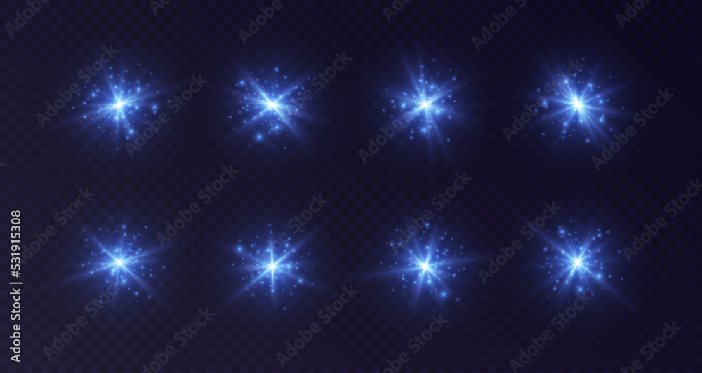 Lens flares with sparkles, blue starbursts set, shiny camera flashes