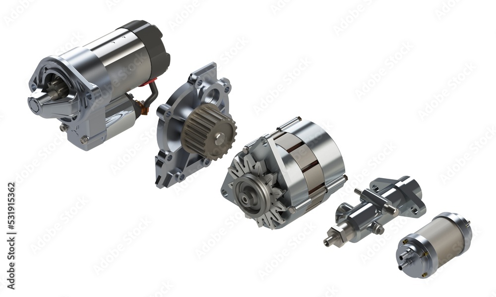 Automotive electric spare parts 3D rendering isolated on white Automotive electric spare parts 3D rendering isolated on white