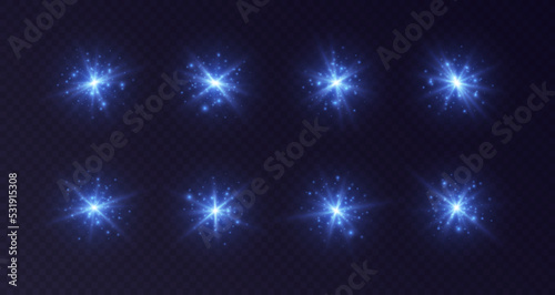 Lens flares with sparkles, blue starbursts set, shiny camera flashes. Glowing lasers with particles, transparent overlay glare effect. Magic spark with fairy dust. Vector illustration.
