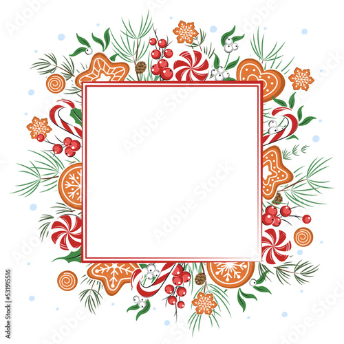 Wallpaper Mural Christmas background frame decorated with different winter plants, cookies and sweets, copy space. Vector illustration Torontodigital.ca