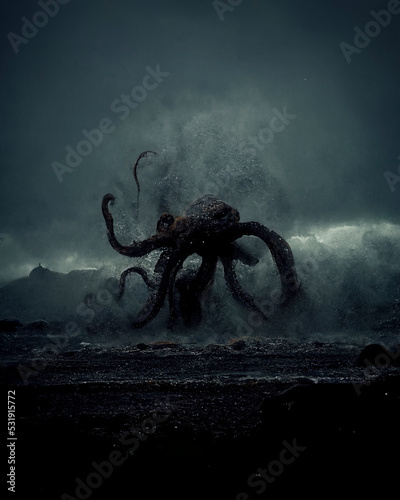 sea       shore with giant octopus  fantasy image  nightmare  sunset beach with sea monster