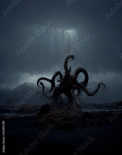 Cuadro en lienzo sea ​​shore with giant octopus, fantasy image, nightmare, sunset beach with sea