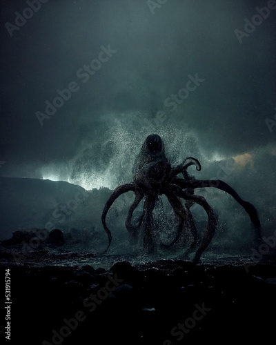 sea ​​shore with giant octopus, fantasy image, nightmare, sunset beach with sea monster © Inmaculada
