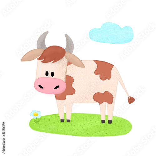 Hand drawn illustration of farm animal. Cute cow. Kids illustration 