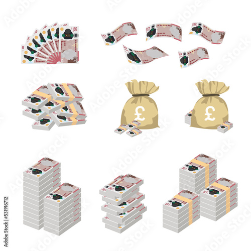 Pound Sterling Vector Illustration. Huge packs of United Kingdom, Guernsey. Bundle with cash bills. Deposit, wealth, accumulation and inheritance. Falling money 50 GBP