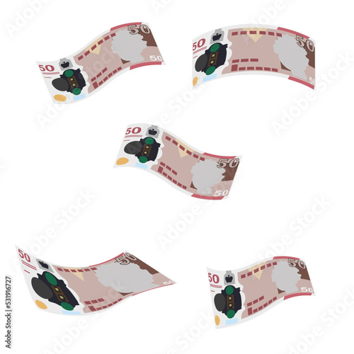 Pound Sterling Vector Illustration. United Kingdom, Guernsey money set bundle banknotes. Falling, flying money 50 GBP. Flat style. Isolated on white background. Simple minimal design.