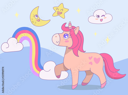 Cute unicorn walking on clouds with rainbow and moon, star in the sky. Design illustration.