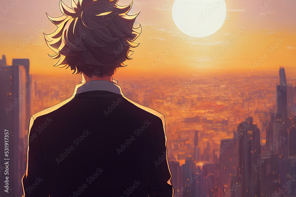 Anime man looking in the distance at sunset. Manga style digital artwork.  Hopeful young character. Emotional man thinking. Person in love being sad  and depressed. Cartoon illustration. Man in a suit. Stock