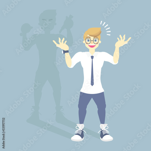 shadow betrayal man hiding under smiling, cheating, back stab concept, vector illustration cartoon flat character design clip art