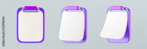 3d purple clipboard icons with blank sheet of paper isolated on gray background. Render clipboard with 3d document for notes, contracts, schedule, work planning. 3d cartoon simple vector illustration.