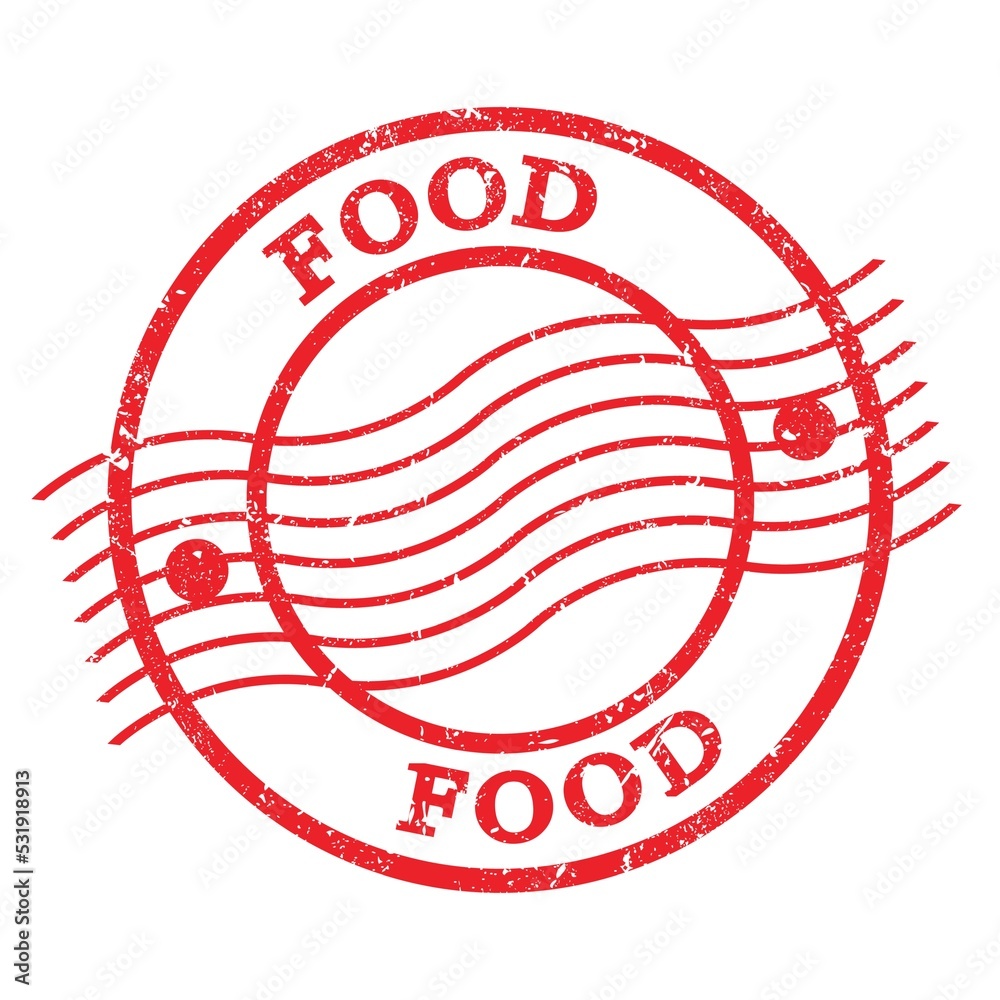 FOOD, text written on red postal stamp. FOOD, text written on red postal stamp.