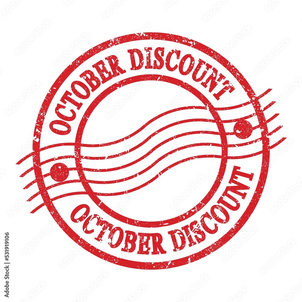 OCTOBER DISCOUNT, text written on red postal stamp. OCTOBER DISCOUNT, text written on red postal stamp.