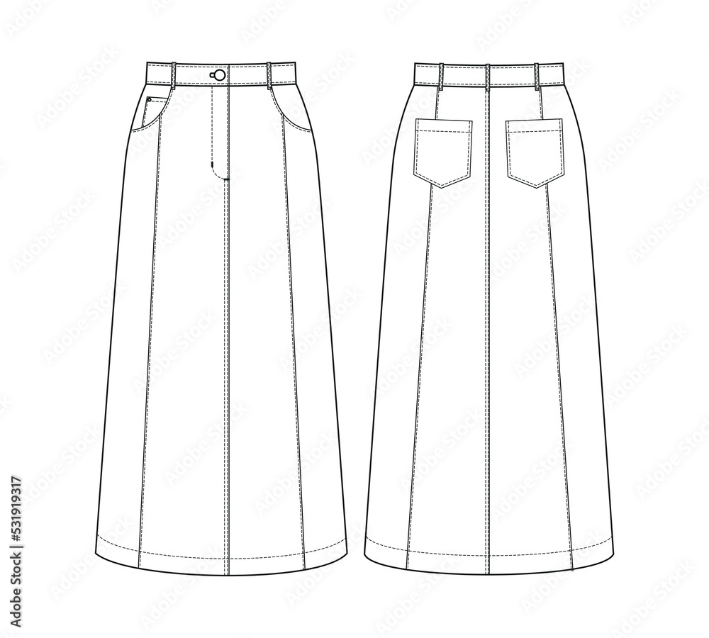 Fashion technical drawing of denim A-line midi skirt Fashion technical drawing of denim A-line midi skirt