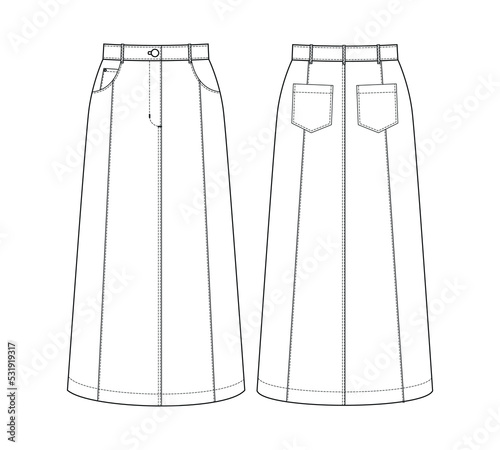 Fashion technical drawing of denim A-line midi skirt 