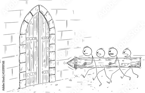 Battering Ram Attacking Castle Gate, Vector Cartoon Stick Figure Illustration