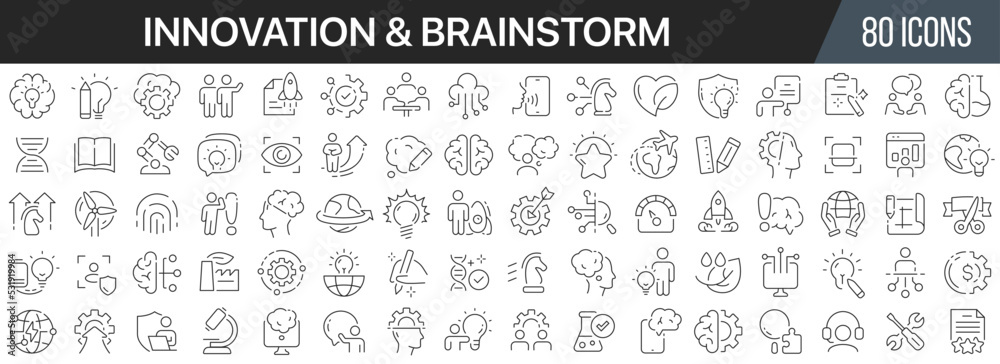Innovation and brainstorm line icons collection. Big UI icon set in a flat design. Thin outline icons pack. Vector illustration EPS10 Innovation and brainstorm line icons collection. Big UI icon set in a flat design. Thin outline icons pack. Vector illustration EPS10