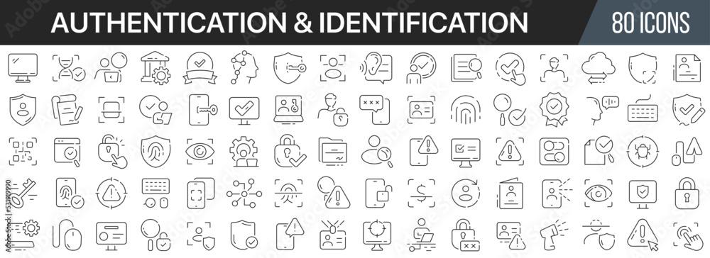 Authentication and identification line icons collection. Big UI icon set in a flat design. Thin outline icons pack. Vector illustration EPS10 Authentication and identification line icons collection. Big UI icon set in a flat design. Thin outline icons pack. Vector illustration EPS10