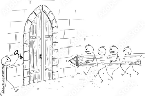 Group of Person Attacking Gate with Battering Ram but There is Key, Vector Cartoon Stick Figure Illustration