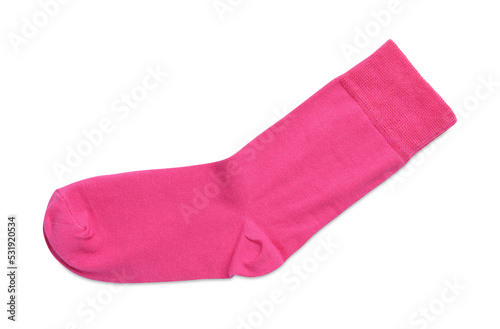 New pink sock isolated on white, top view. Footwear accessory