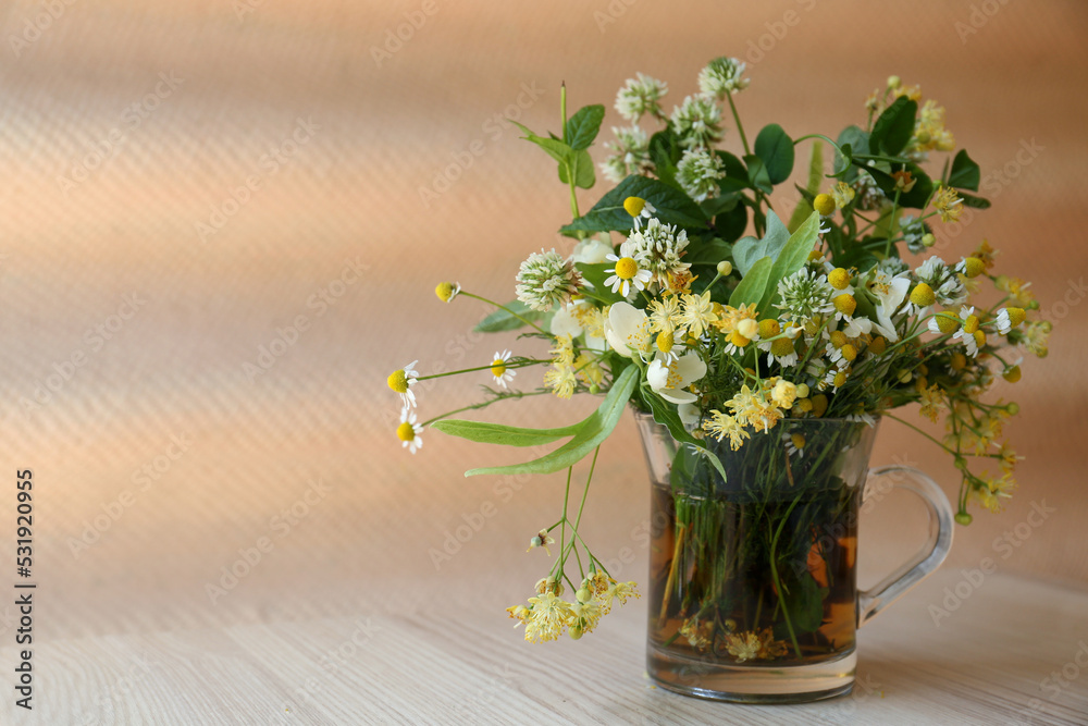 Composition with different fresh herbs in cup of tea on white wooden table. Space for text