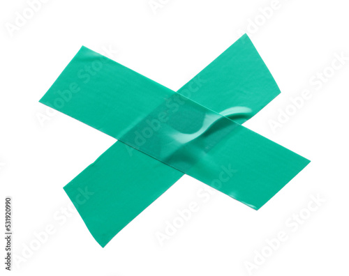 Cross of turquoise insulating tape isolated on white, top view