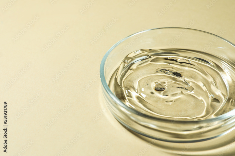 Petri dish with liquid on beige background, closeup. Space for text Petri dish with liquid on beige background, closeup. Space for text