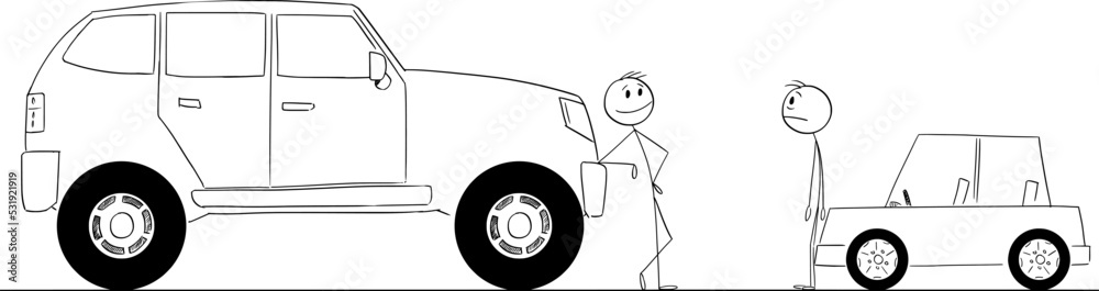 Big and Small Car, Wealthy and Poor Owner, Vector Cartoon Stick Figure ...