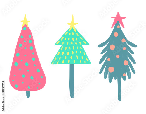 Vector Set of Christmas trees with decorations of Christmas balls.