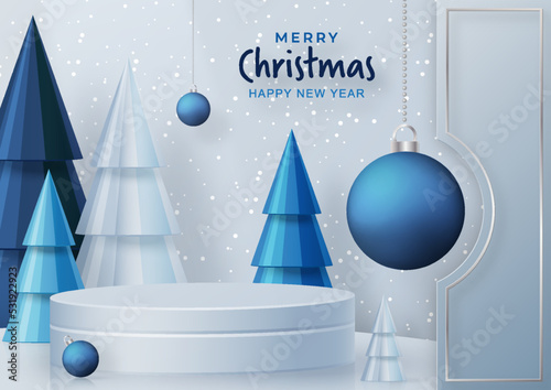 3d Podium round stage style, for Merry Christmas and happy new year and greeting festival on  white color background