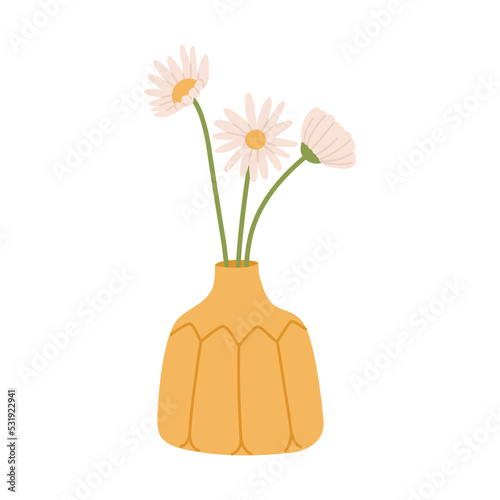 Chamomile bouquet in ceramic vase. Spring flowers for modern decoration. Hand drawn colored vector illustration isolated on white background. Trendy flat cartoon style