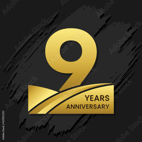 9 years anniversary celebration  anniversary celebration template design with gold color isolated on black brush background. vector template illustration