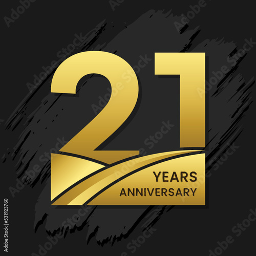 21 years anniversary celebration, anniversary celebration template design with gold color isolated on black brush background. vector template illustration