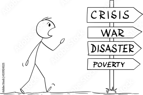 Person Walking on Road to Future of Crisis, War, Disaster or Poverty, Vector Cartoon Stick Figure Illustration